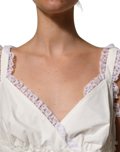 Dolce & Gabbana White Lace Trimmed Cotton Cropped Tank Top