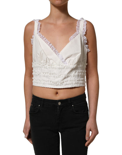 Dolce & Gabbana White Lace Trimmed Cotton Cropped Tank Top