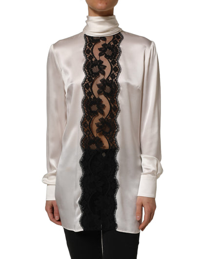 Dolce & Gabbana White satin Lace Trim LOng Sleeves Blouse Top