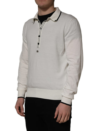 Dolce & Gabbana White Cotton Blend Men Polo Pullover Sweater