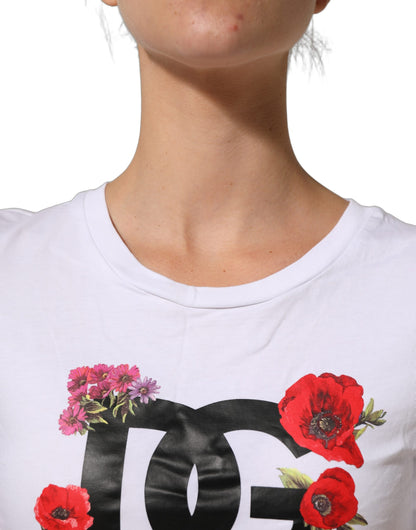 Dolce & Gabbana White Floral Logo Cotton Round Neck T-shirt