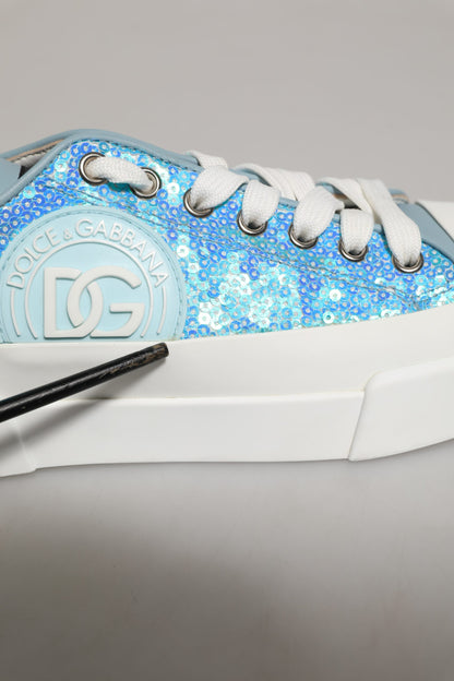 Dolce & Gabbana Blue White Sequin Logo Low Top Sneakers Shoes