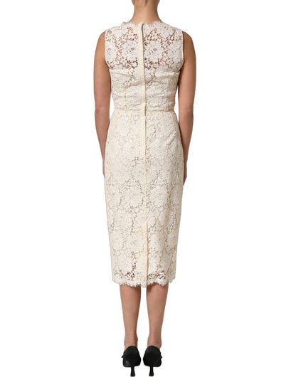 Dolce & Gabbana White Cotton Corded Lace Sleeveless Midi Dress