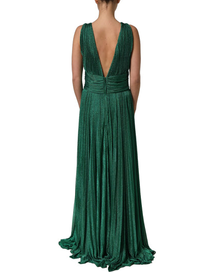 Dolce & Gabbana Metallic Green Sleeveless Plissé Gown Dress