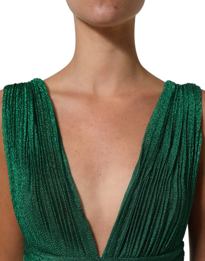 Dolce & Gabbana Metallic Green Sleeveless Plissé Gown Dress