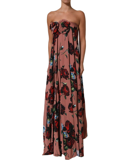 Dolce & Gabbana Dusty Pink Silk Floral Strapless Maxi Dress
