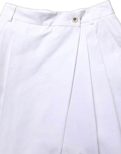 Dolce & Gabbana White Cotton High Waist Pleated Wide Leg Pants