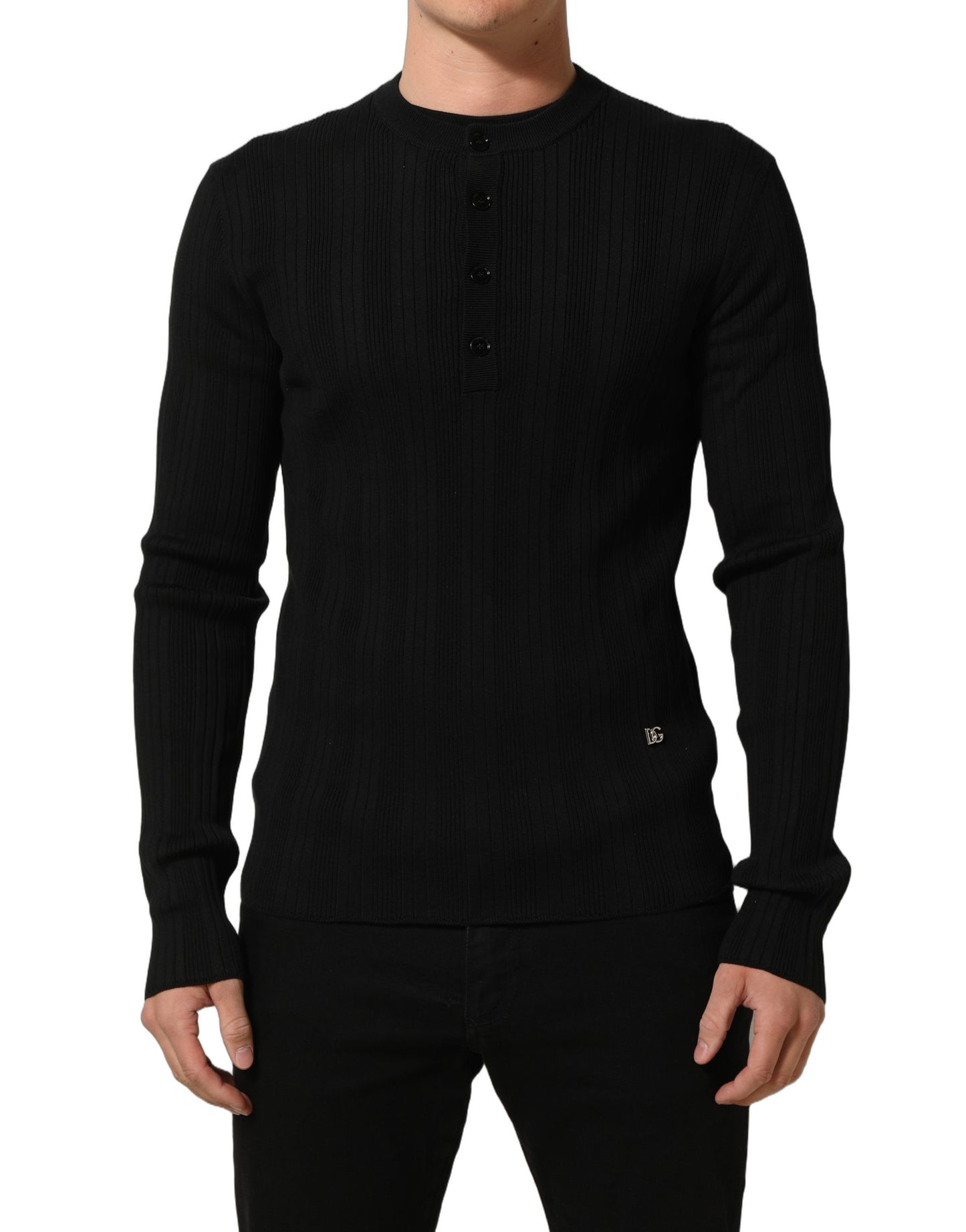 Dolce & Gabbana Black Silk Blend Henley Pullover Men Sweater
