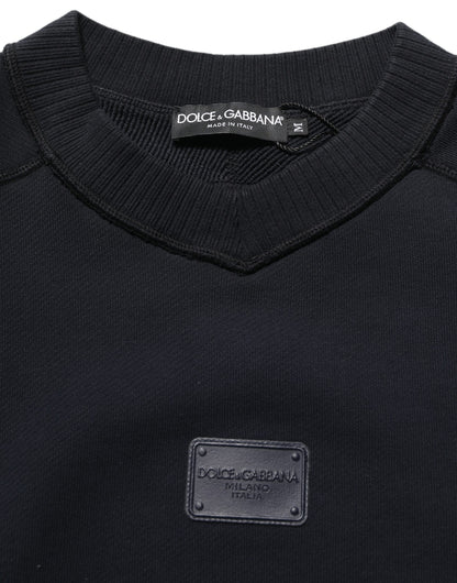 Dolce & Gabbana Black Logo Plaque Cotton Crew Neck Pullover Sweater