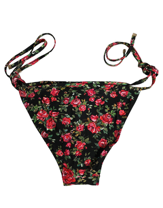 Dolce & Gabbana Black Floral Print Nylon Beachwear Bikini Bottom