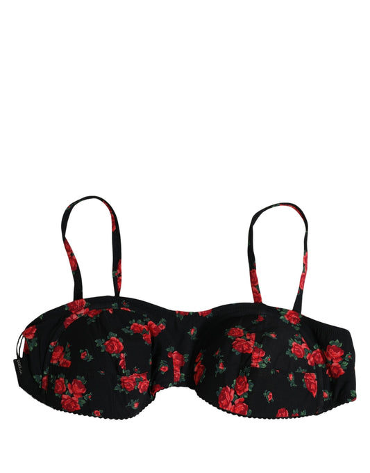 Dolce & Gabbana Black Floral Print Underwire Beachwear Bikini Top