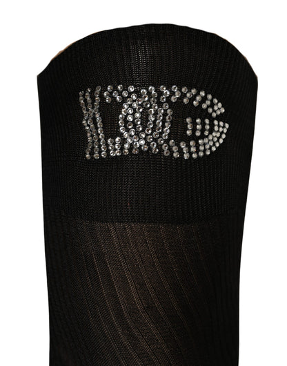 Dolce & Gabbana Black DG Logo Rhinestones Stretch Thigh High Socks