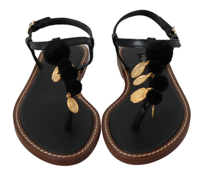 Scarpe sandali infradito con monete in pelle nera