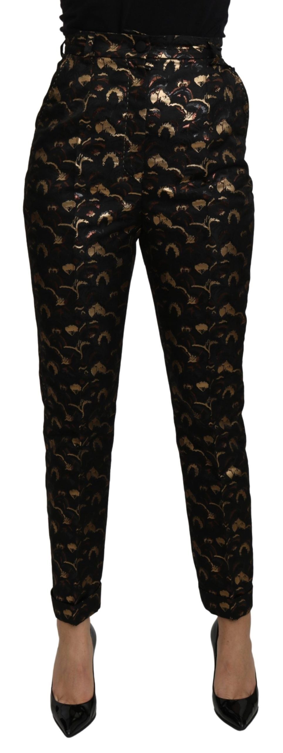 Pantaloni a vita alta in broccato oro nero
