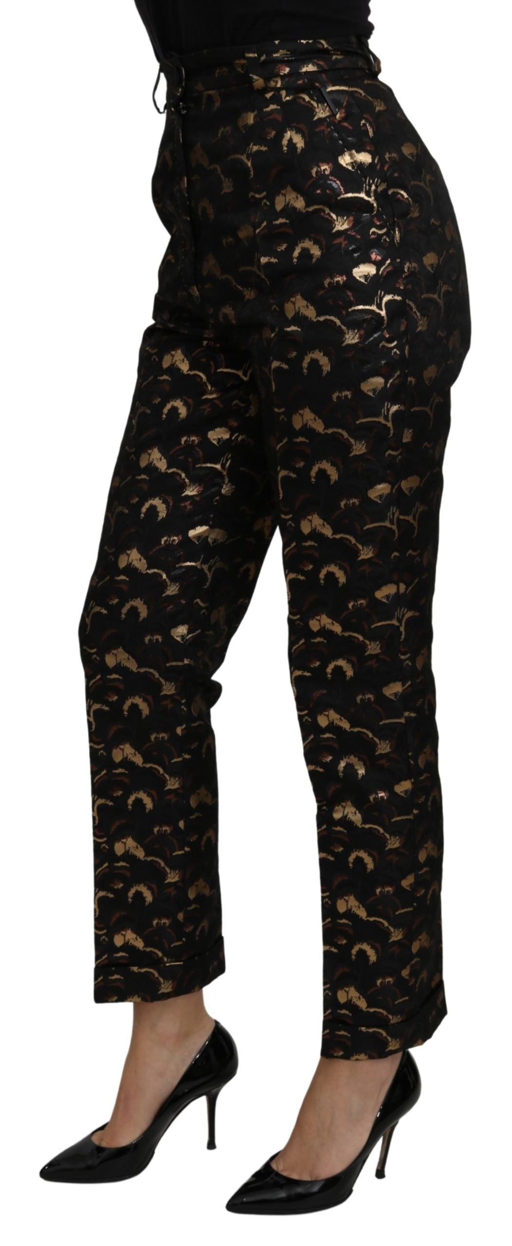 Pantaloni a vita alta in broccato oro nero