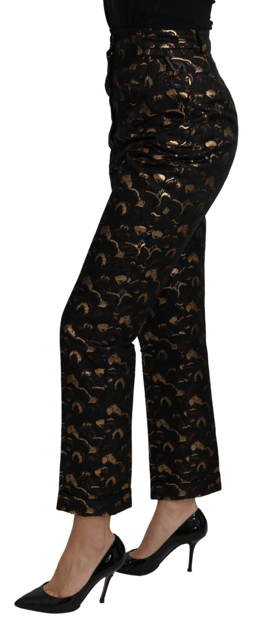 Pantaloni a vita alta in broccato oro nero