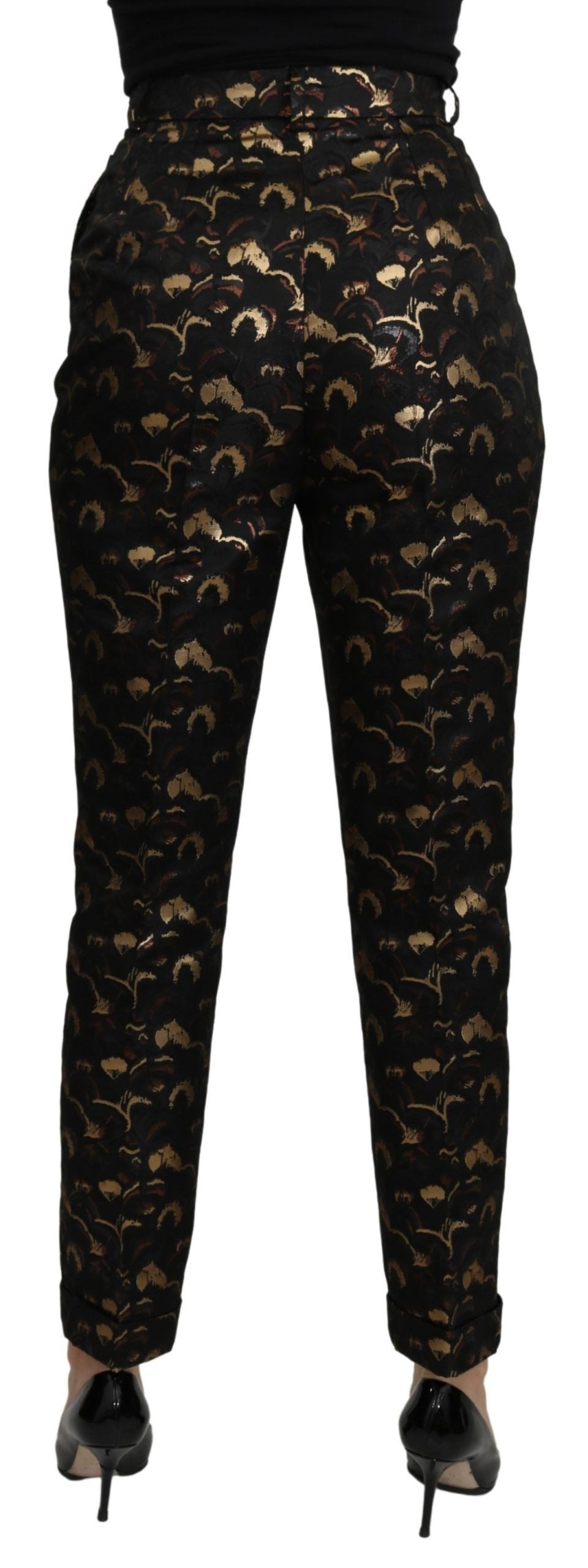 Pantaloni a vita alta in broccato oro nero