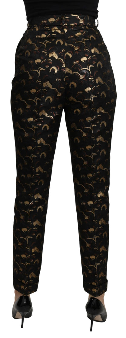 Pantaloni a vita alta in broccato oro nero