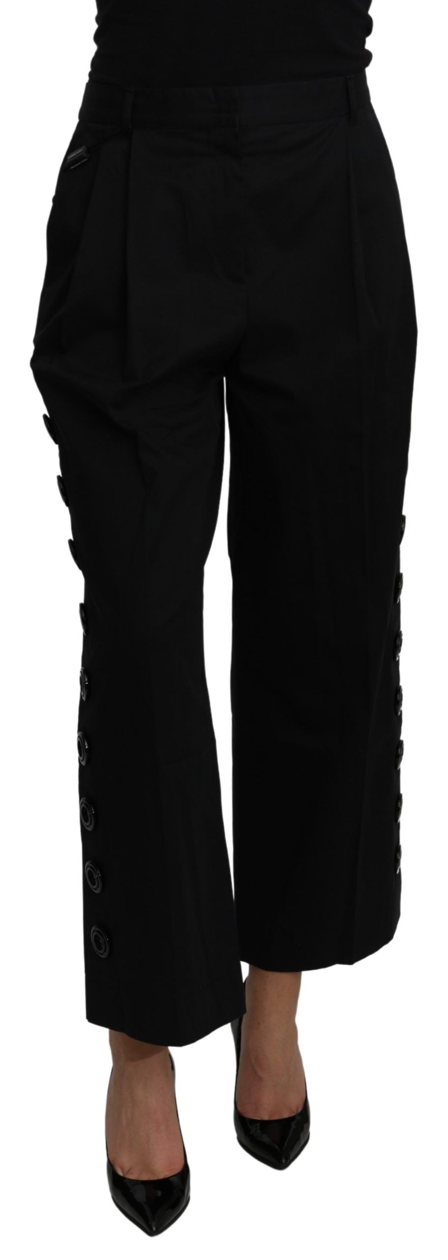Pantaloni cropped neri in cotone elasticizzato a vita alta
