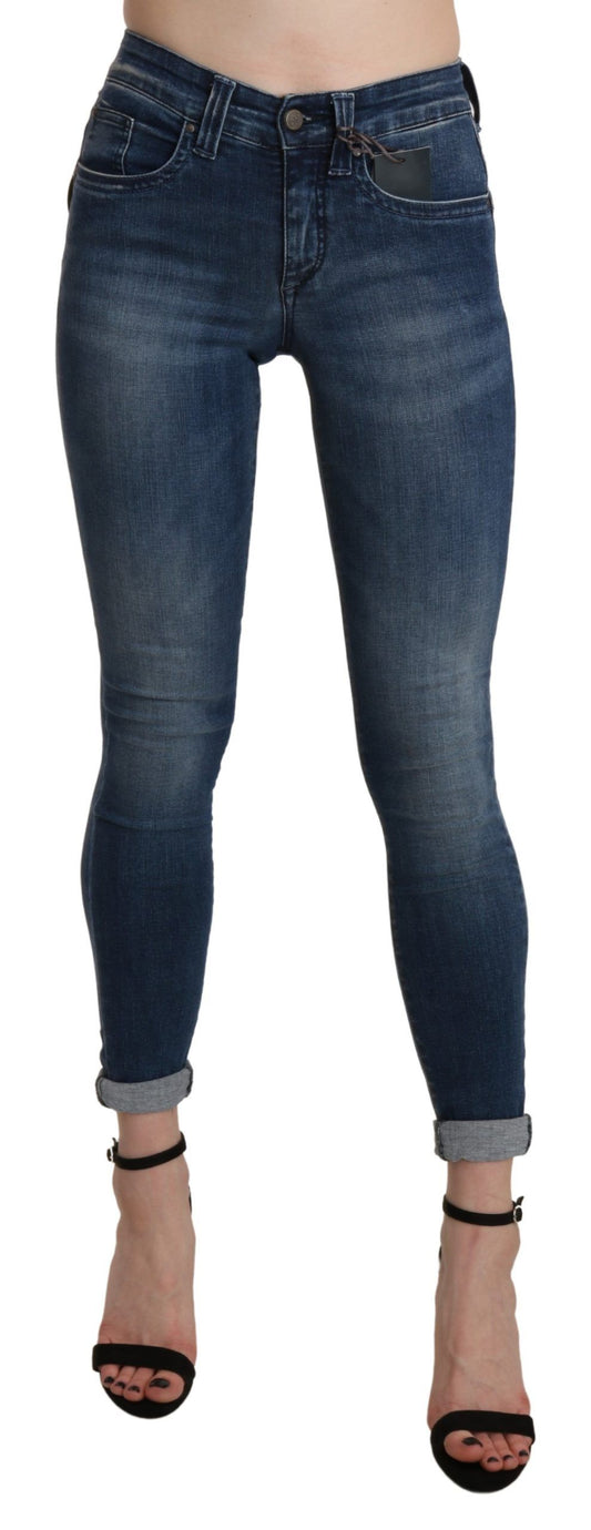 Jeans skinny in cotone corto a vita alta lavati blu