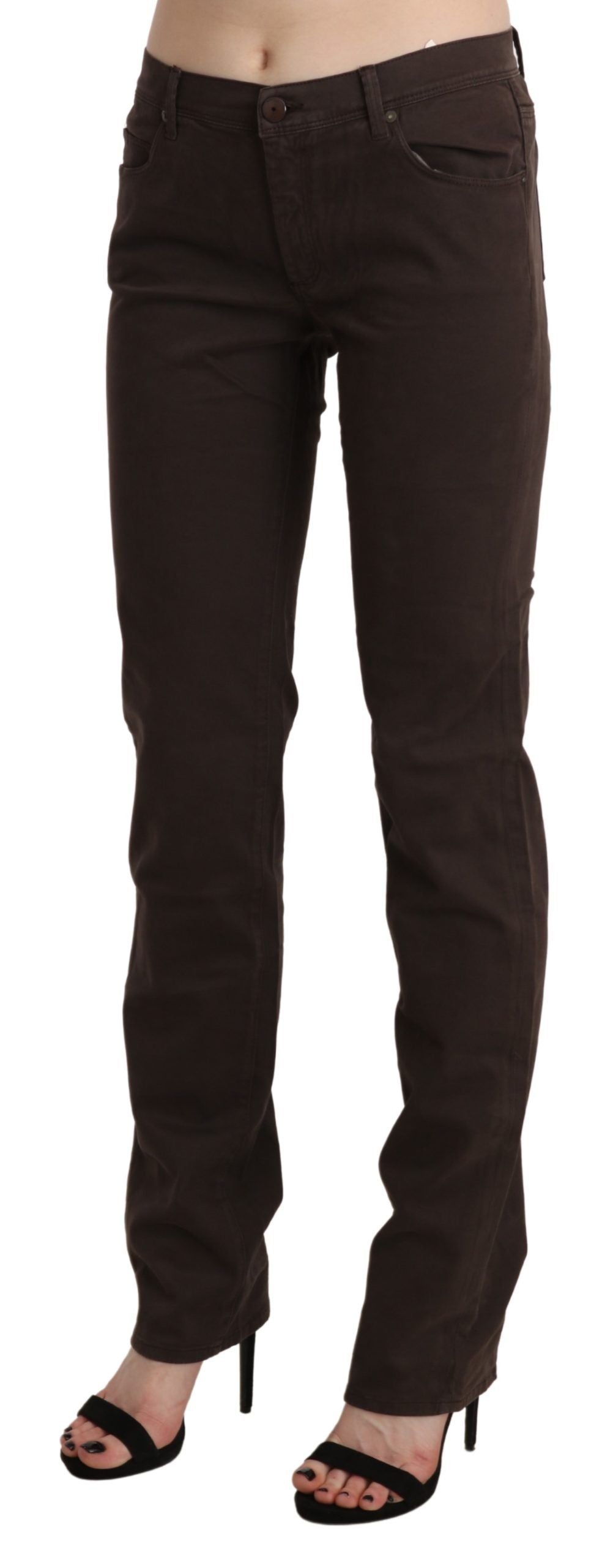 Jeans in cotone con pantaloni slim skinny a vita media marrone