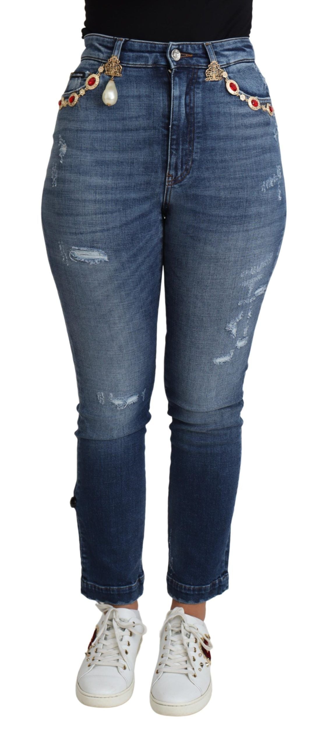 Jeans in cotone con pantaloni skinny decorati blu