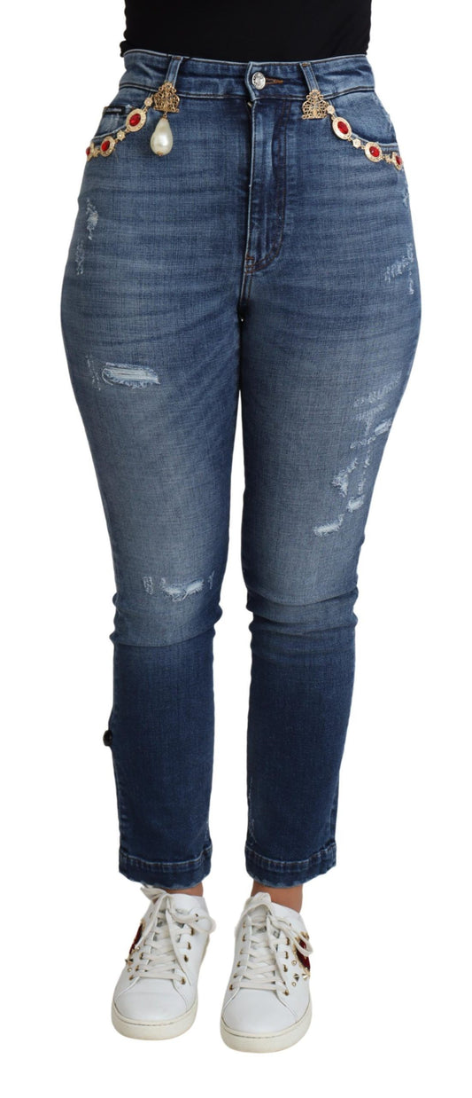 Jeans in cotone con pantaloni skinny decorati blu
