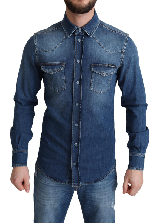 Camicia in denim a maniche lunghe in cotone stretch blu