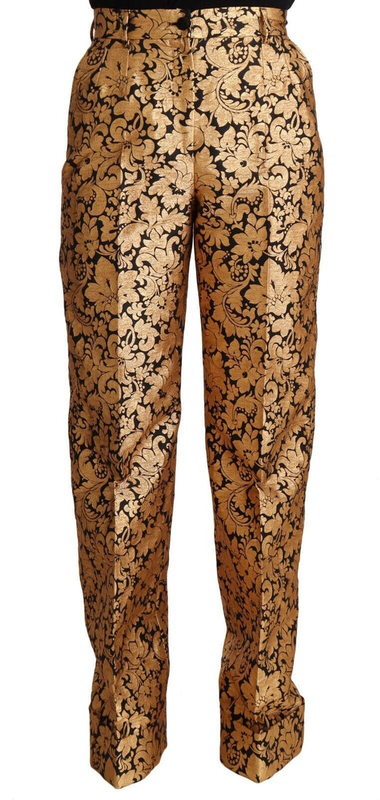 Pantaloni dritti in poliestere jacquard floreale oro