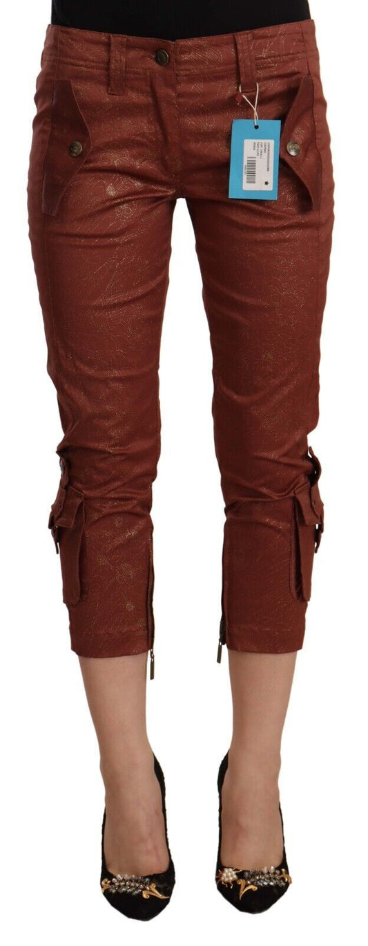 Braune Lurex-Caprihose aus Baumwolle mit mittlerer Taille und kurzem Schnitt