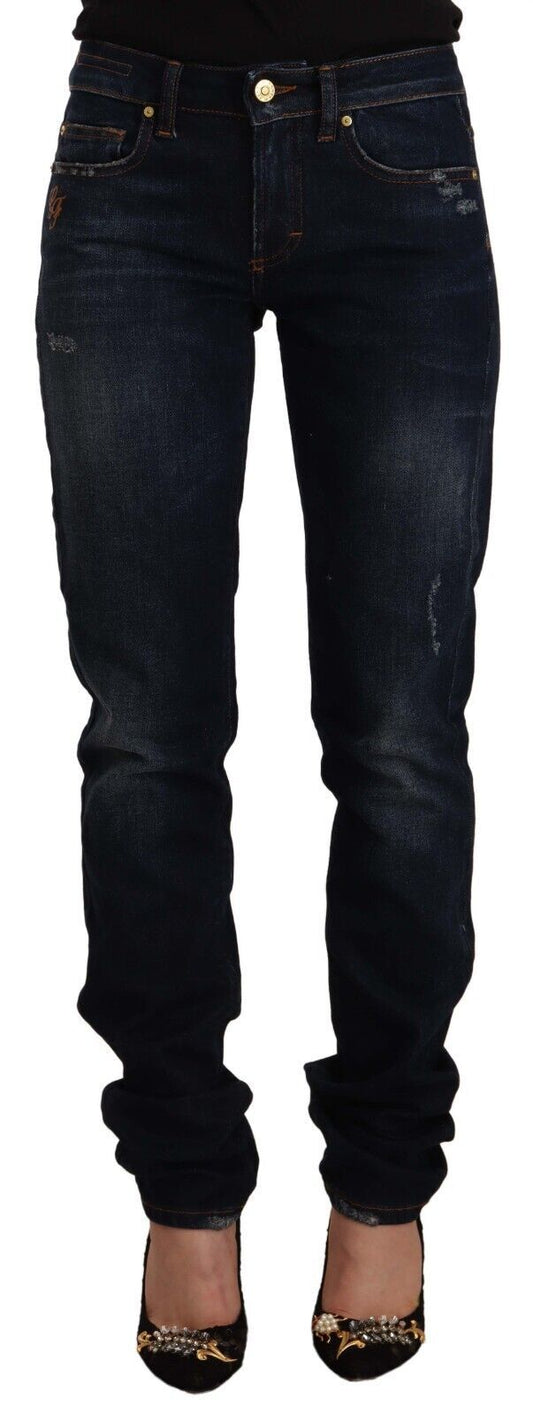Jeans skinny in denim di cotone a vita media lavato blu scuro