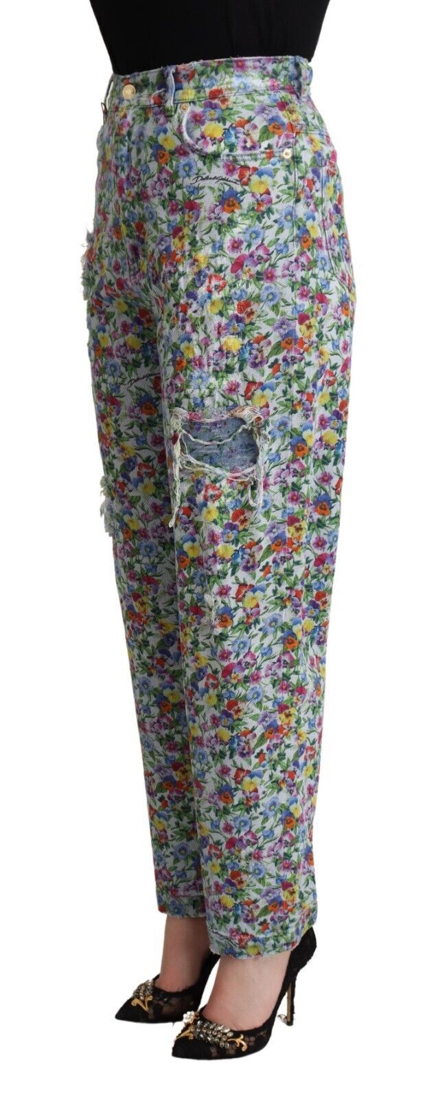 Jeans affusolati in denim a vita alta con stampa floreale blu