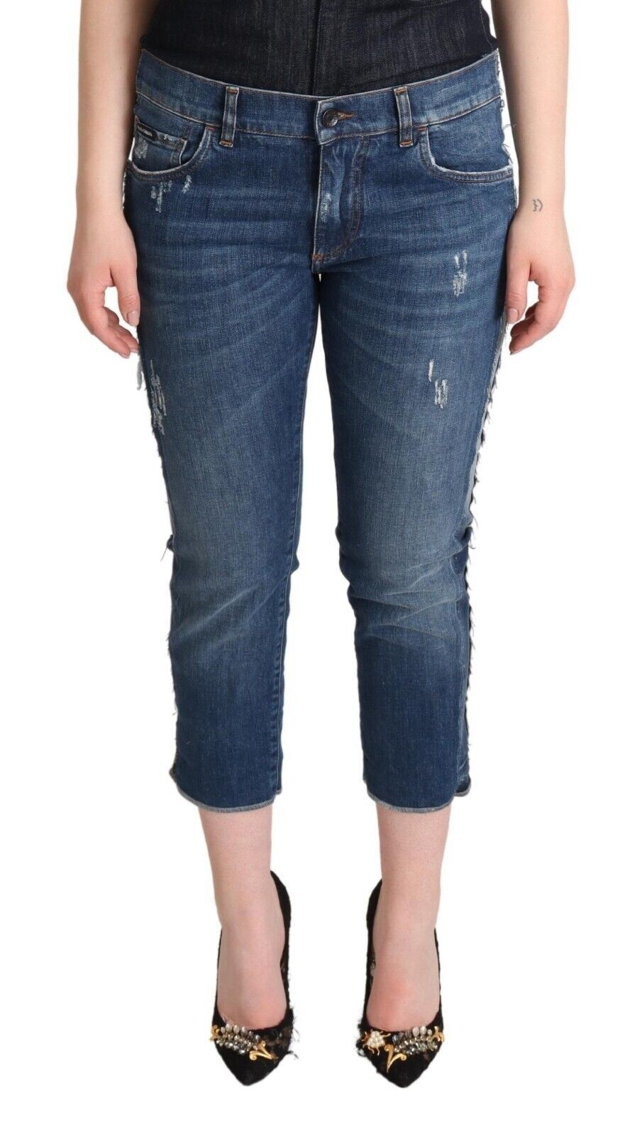 Jeans cropped con logo in denim a vita media lavato blu