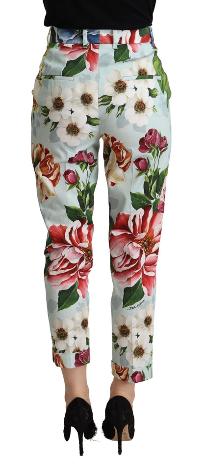 Pantaloni affusolati in cotone con stampa fiori azzurri