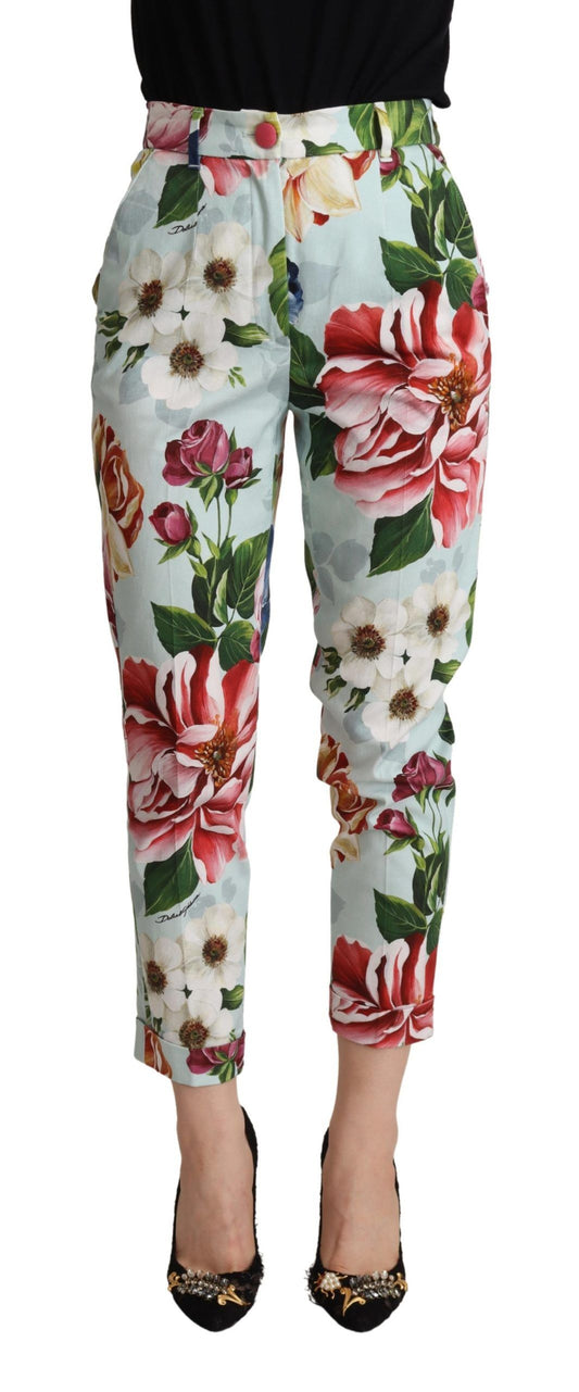 Pantaloni affusolati in cotone con stampa fiori azzurri