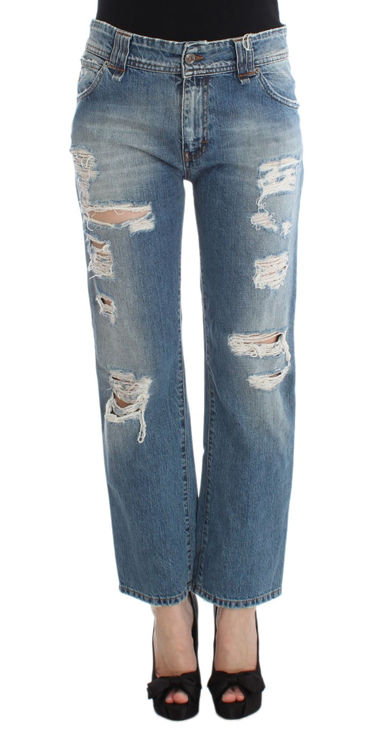 Jeans cropped stile boyfriend in cotone lavato blu