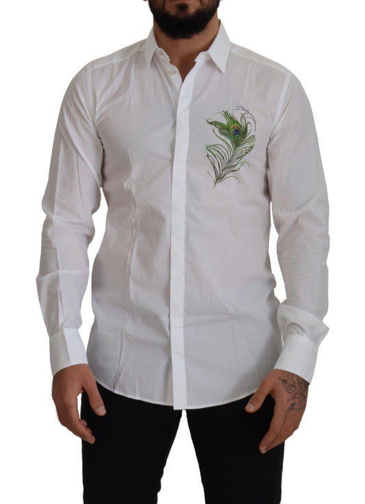 Camisa Formal GOLD de Algodón Blanco con Plumas de Pavo Real