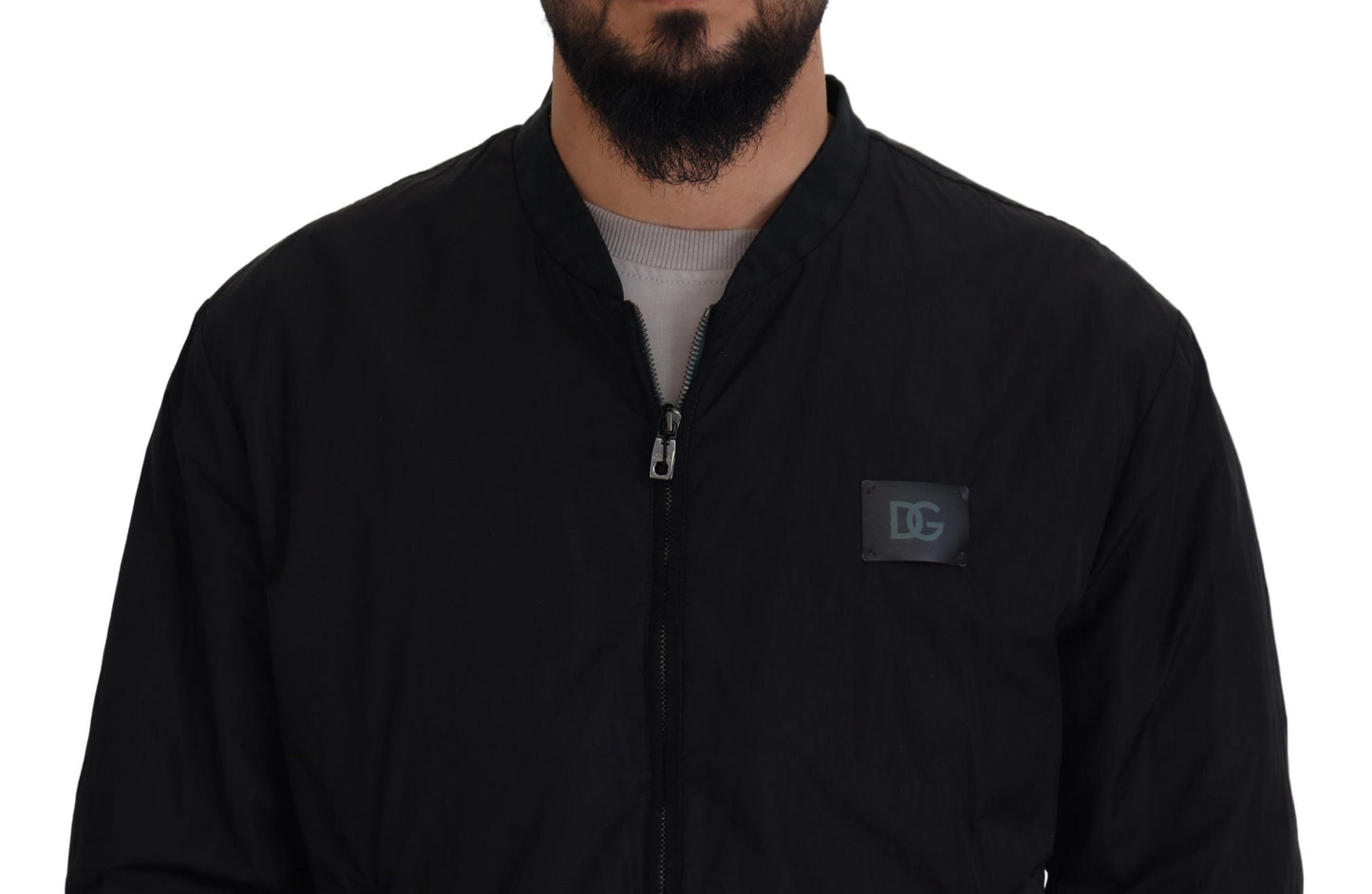 Chaqueta bomber con cremallera y logo de nailon negro