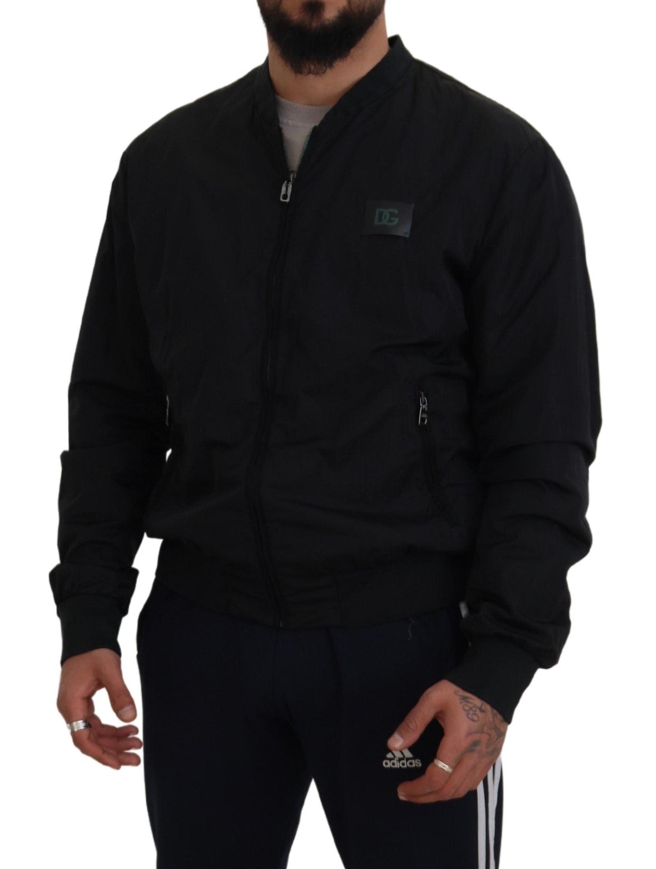 Chaqueta bomber con cremallera y logo de nailon negro