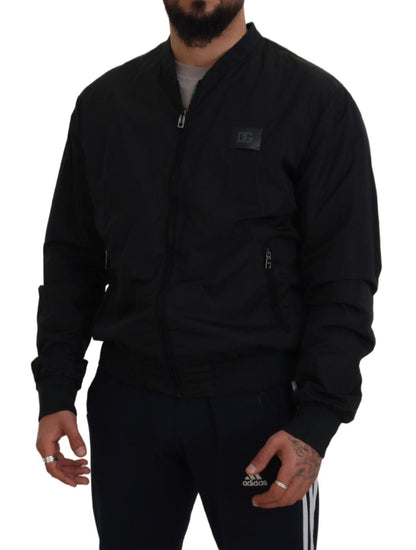 Chaqueta bomber con cremallera y logo de nailon negro