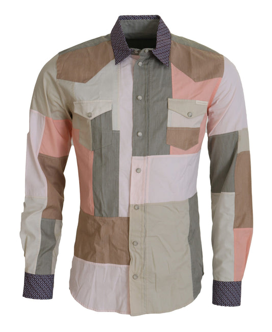 Camicia slim patchwork in cotone multicolor