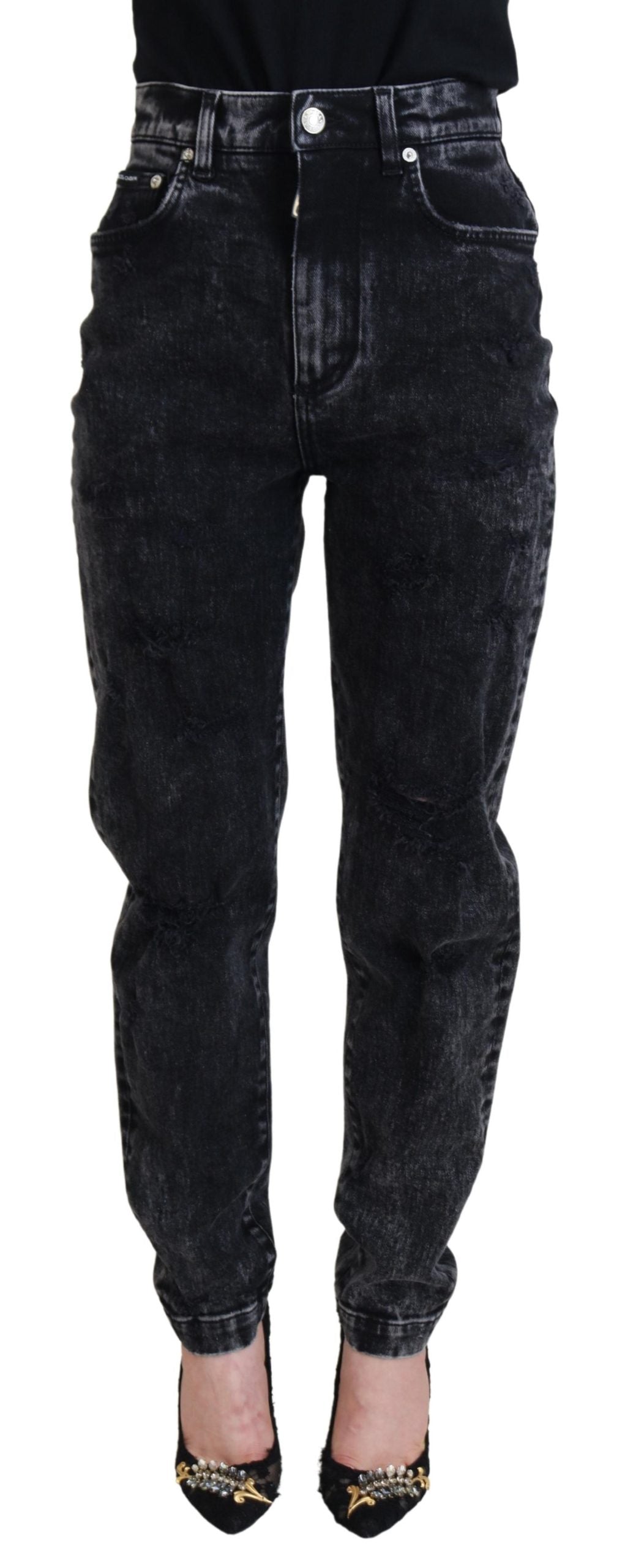 Jeans in denim a vita alta in cotone lavato nero