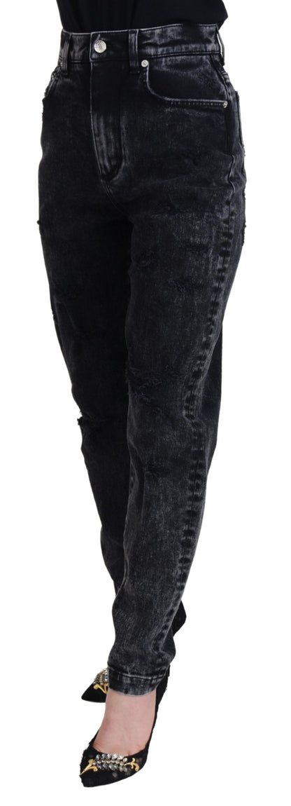 Jeans in denim a vita alta in cotone lavato nero