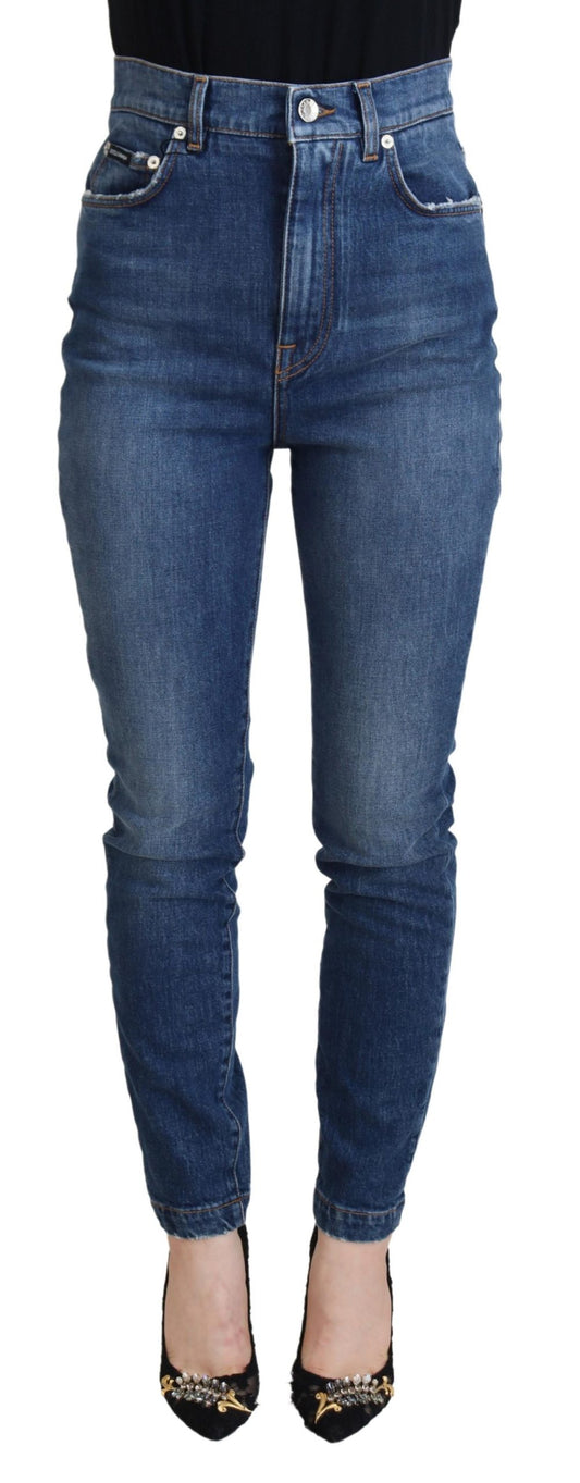 Jeans skinny in denim a vita alta in cotone blu