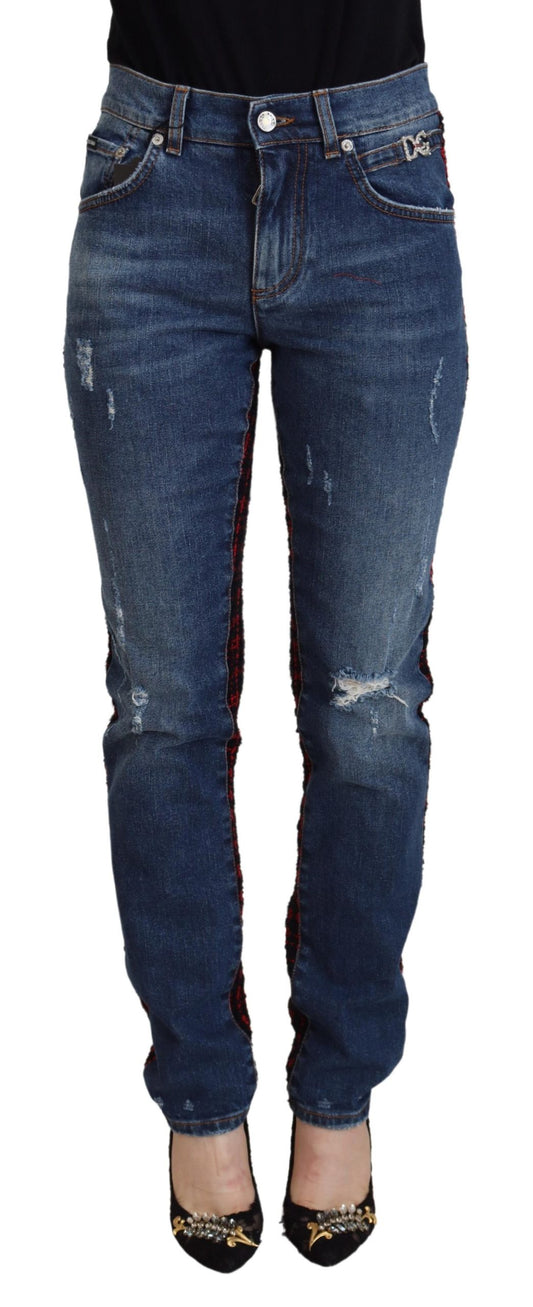 Jeans skinny in denim blu con retro a quadretti