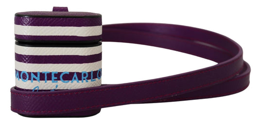 Funda para Airpods con logotipo de metal dorado y correa de cuero morado