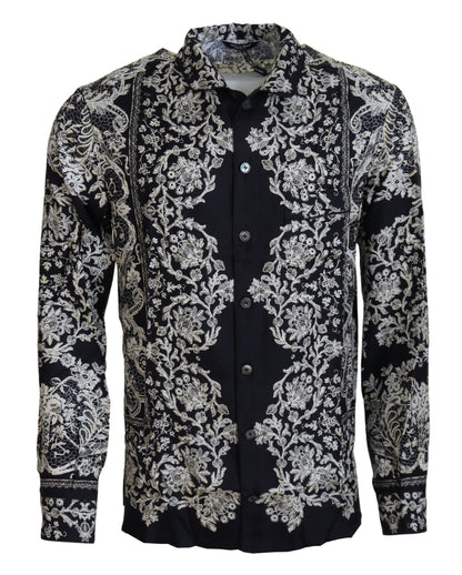 Camicia casual in raso barocco floreale di seta blu