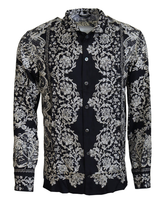 Camicia casual in raso barocco floreale di seta blu