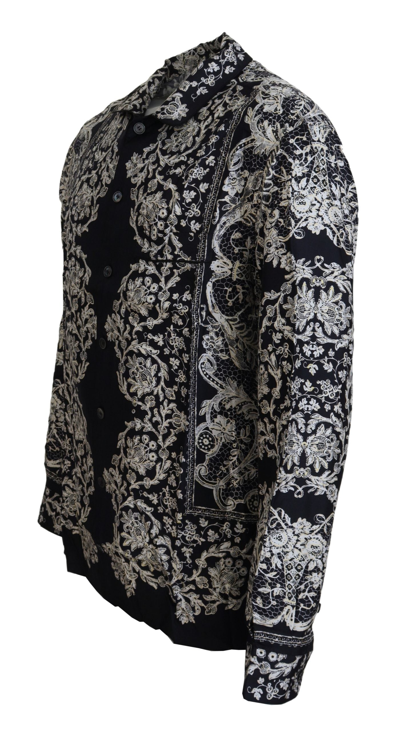 Camicia casual in raso barocco floreale di seta blu