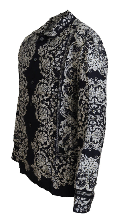 Camicia casual in raso barocco floreale di seta blu